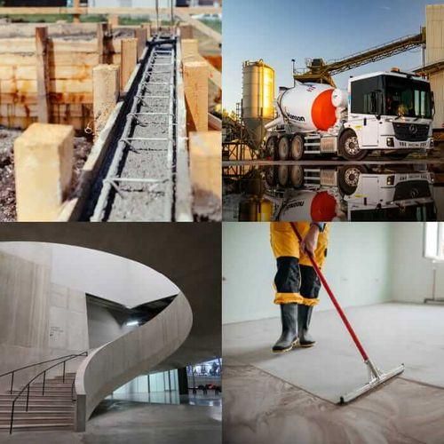 Grid of images showing concrete formwork, a mobile mixer and batching plant, architectural use of concrete and domestic concrete flooring