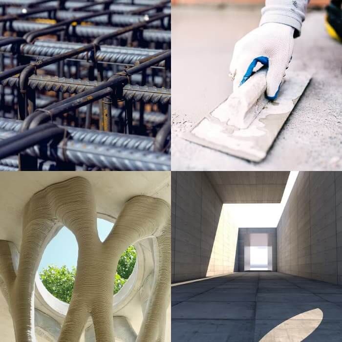 A grid of images showing steel reinforment mesh, concrete smoothing, a 3D printed concrete structure and a contemporary architectural space constructed from concrete