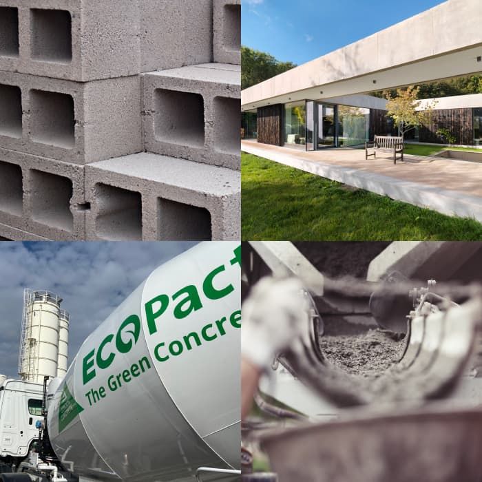 A grid of images showing a stack of concrete blocks, a contemporary home built from concrete, a mixer carrying low-carbon concrete, and concrete being poured from a chute