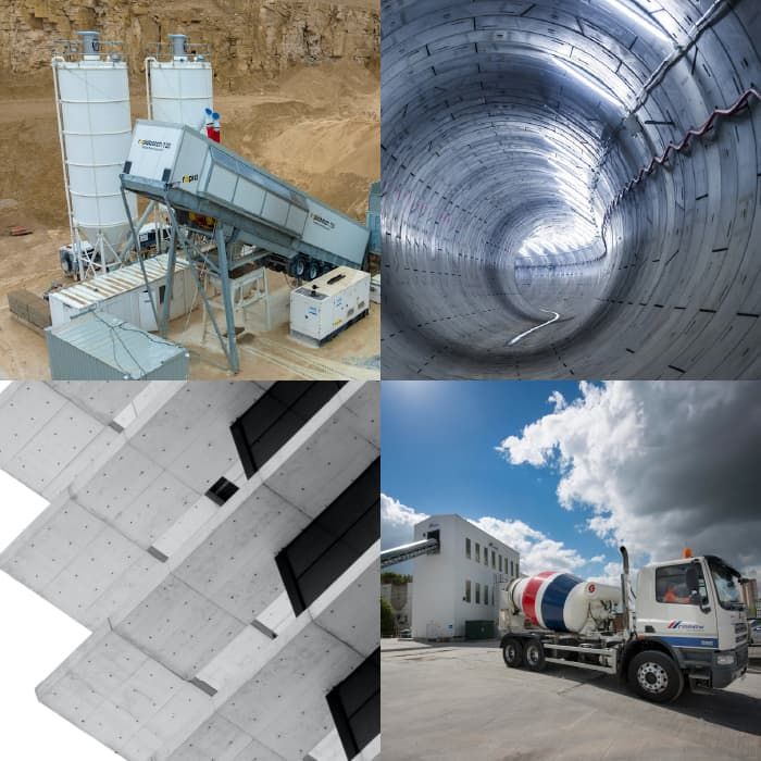 A grid of images including a concrete batching plant, a tunnel, mobile readymix truck and an architectural detail of a concrete building