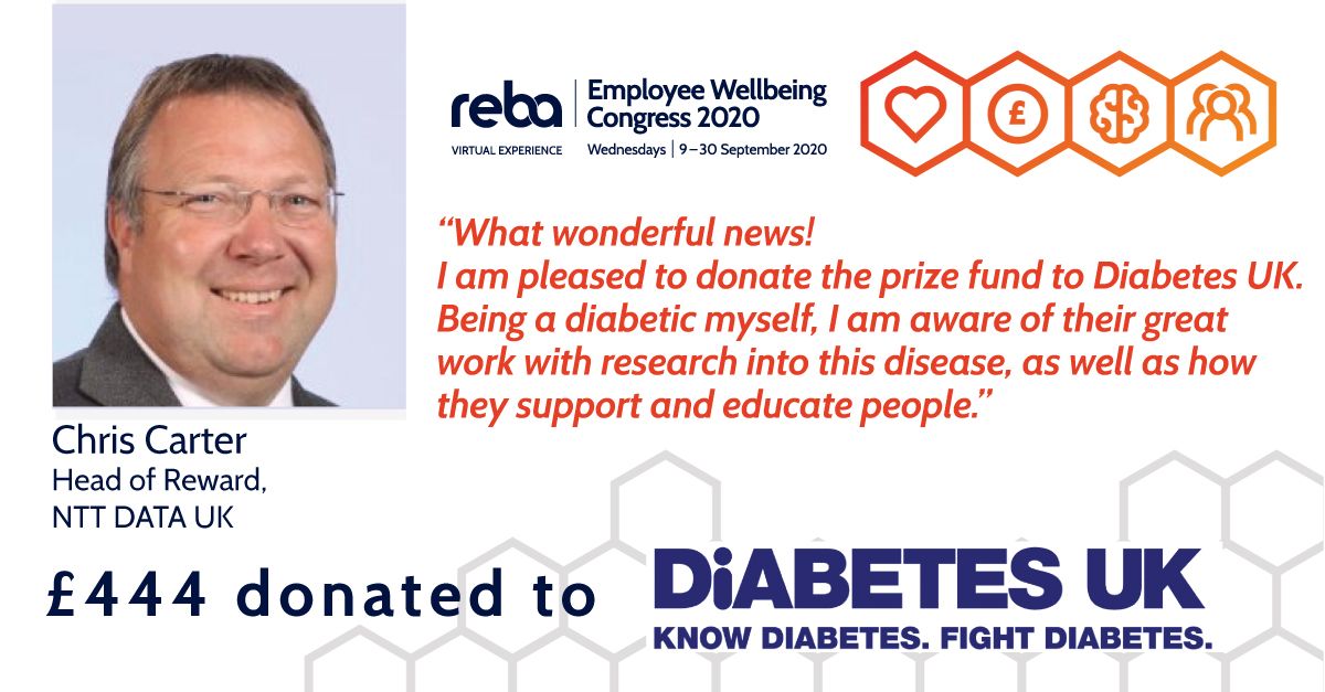 REBA donates £444 to Diabetes UK on behalf of competition winner Chris Carter, Head of Reward, NTT DATA UK