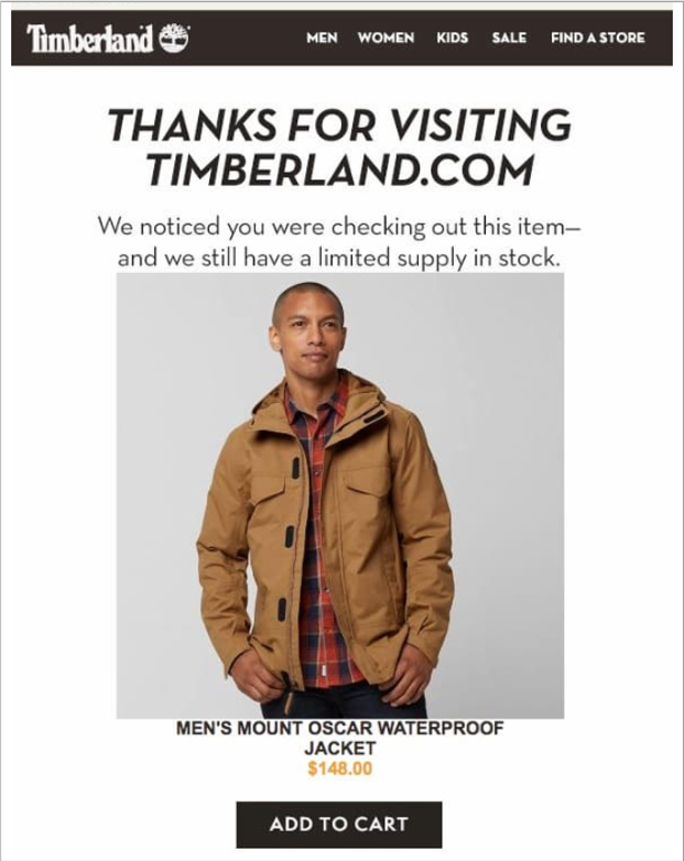 Timberland uses browse data to send site visitors a personalized, triggered message 