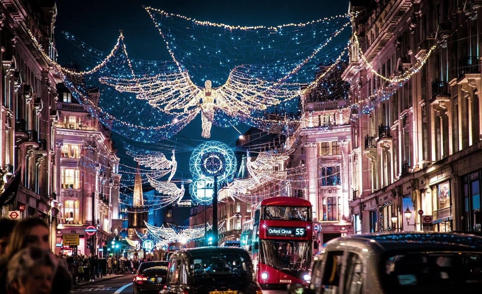 Picture of a London street decorated with Christmas lights