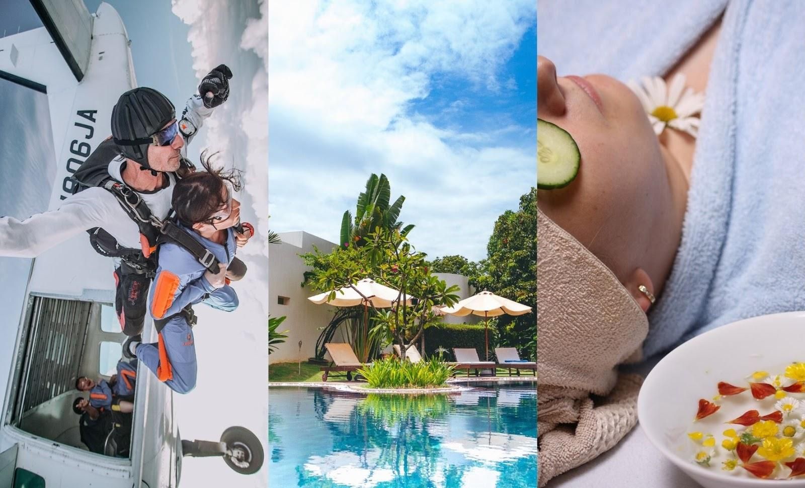 Three pictures: One featuring someone skydiving, another featuring a pool and another featuring a lady having a spa treatment.