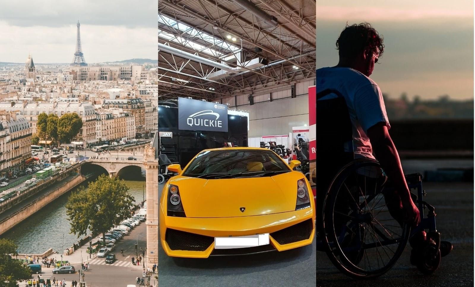 Three pictures: One featuring a landscape of Paris, the other one featuring a yellow lamborghini and the last one featuring a man in a wheelchair doing sports.