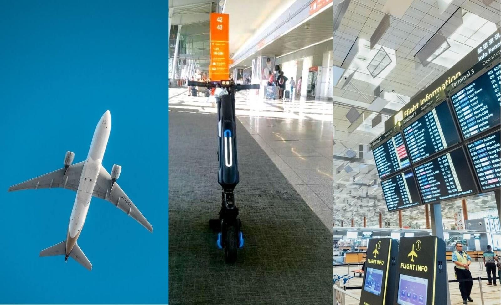 Three pictures: One featuring an airplane in the sky, the other one featuring an electric handicycle and the last one featuring an airport with a flight information digital board.