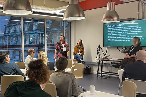 Roundtable host, Claire Mason, Man Bites Dog, addressing the workshops audience at Sustainable Ventures venue