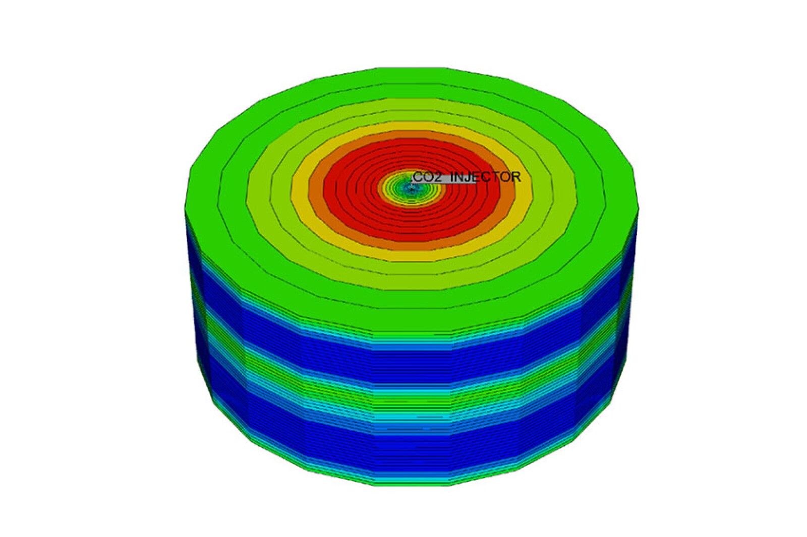 MS Conceptual reactive rock reservoir model populated with the heterogeneous permeability values (10 – 100 mD), cylindrical view.