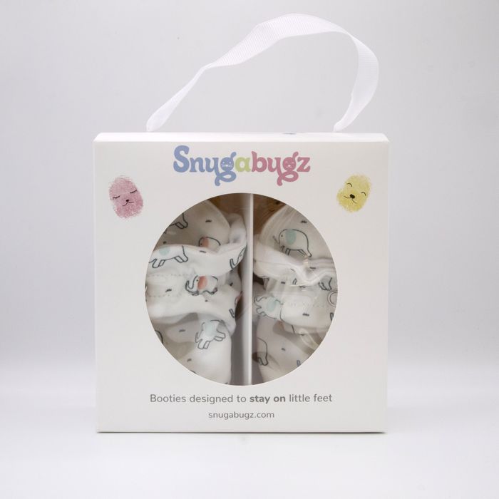 Organic Cotton Baby Booties That Stay On with Non-Slip Soles | Snugabugz | White Elephant Print