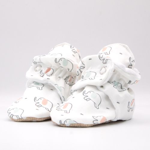 Organic Cotton Baby Booties That Stay On with Non-Slip Soles | Snugabugz | White Elephant Print