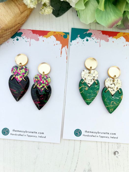 Stacked Heart Drop Earrings in Reds and Pinks