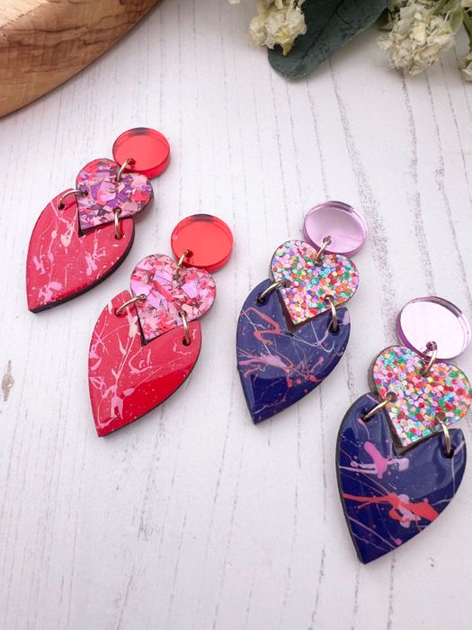 Stacked Heart Drop Earrings in Reds and Pinks