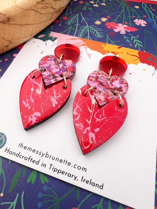 Stacked Heart Drop Earrings in Reds and Pinks