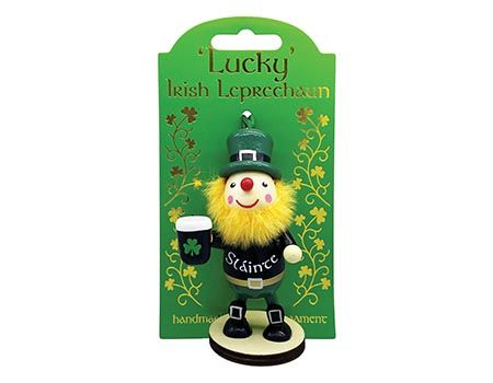 Lucky the Irish Leprechaun holding a pint