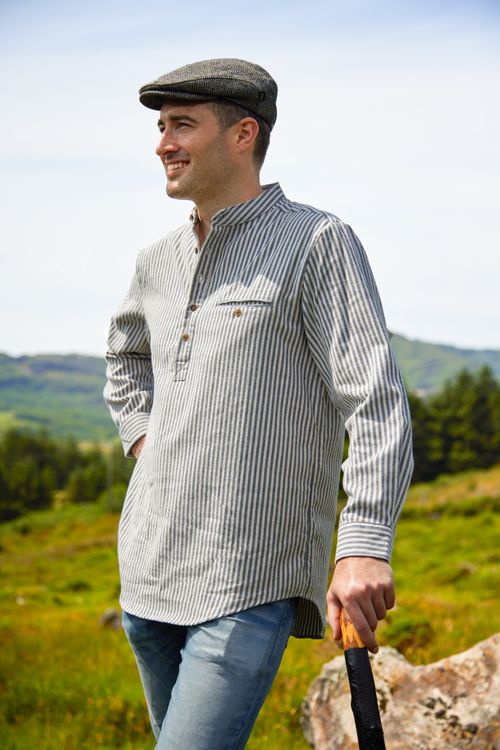 Flannel Grandfather Shirt - Dark Blue and Cream Stripe (LVC)