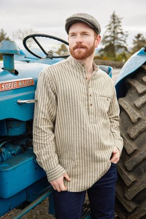 Flannel Grandfather Shirt - Beige Green Maroon Stripe (LV14)