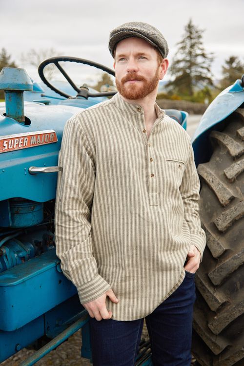 Flannel Grandfather Shirt - Beige Green Maroon Stripe (LV14)