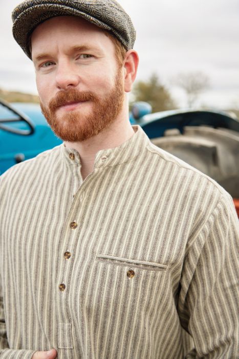 Flannel Grandfather Shirt - Beige Green Maroon Stripe (LV14)