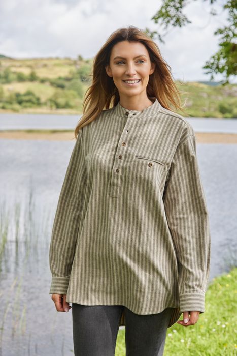 Flannel Grandfather Shirt - Beige Green Maroon Stripe (LV14)