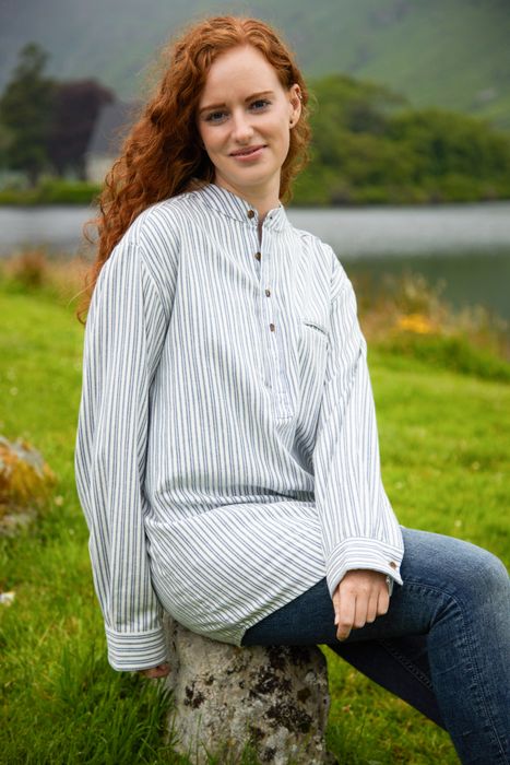 Flannel Grandfather Shirt - Blue and Ivory Stripe (LV2)