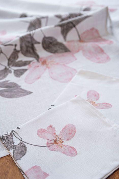 Pink Clematis Table Runner Irish Linen 2m x 50cm