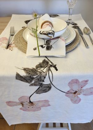 Pink Clematis Table Runner Irish Linen 2m x 50cm