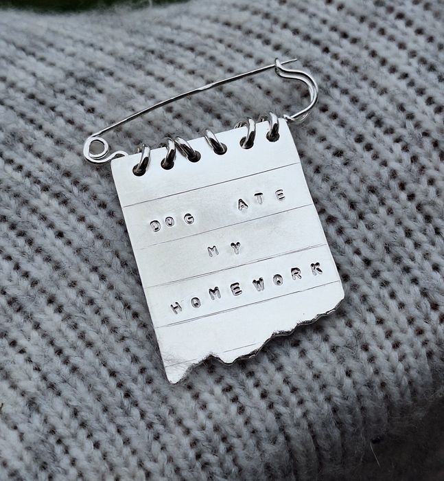 Handmade Solid Sterling Silver 'Dog Ate My Homework' Brooch - Limited Edition