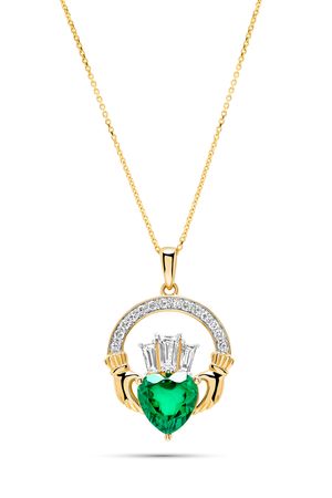 14kt Gold Lab emerald and Diamond Claddagh Necklace
