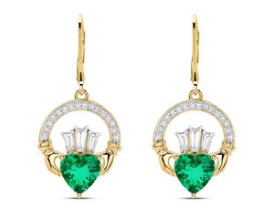 14kt Gold Lab emerald and Diamond Claddagh Earrings