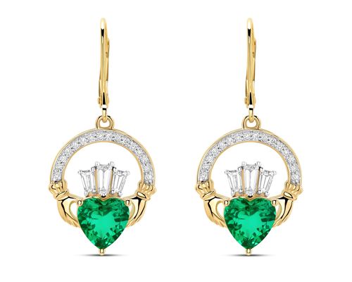 14kt Gold Lab emerald and Diamond Claddagh Earrings
