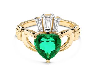 14kt Gold Lab emerald and Diamond Claddagh Ring