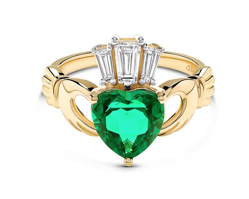 14kt Gold Lab emerald and Diamond Claddagh Ring
