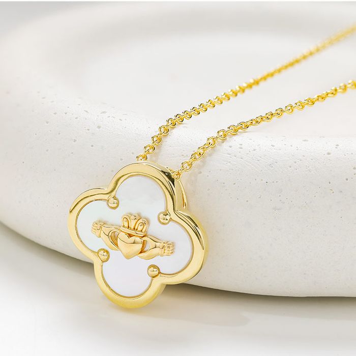14kt Gold Vermeil MOP Clover Claddagh Necklace