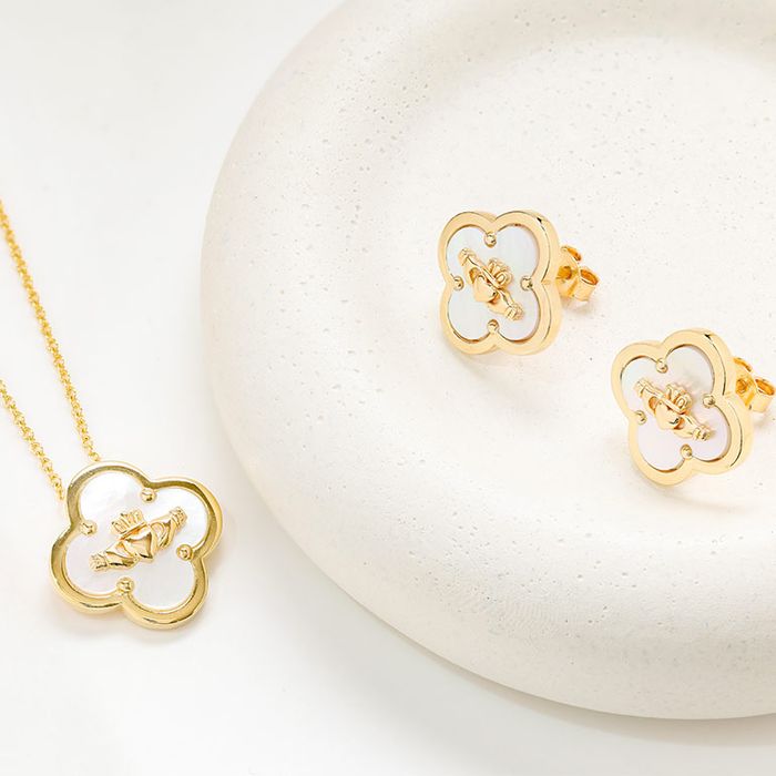 14kt Gold Vermeil MOP Clover Claddagh Necklace
