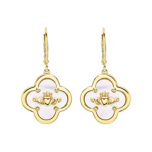 14kt-Gold Vermeil MOP Clover Claddagh Drop Earrings