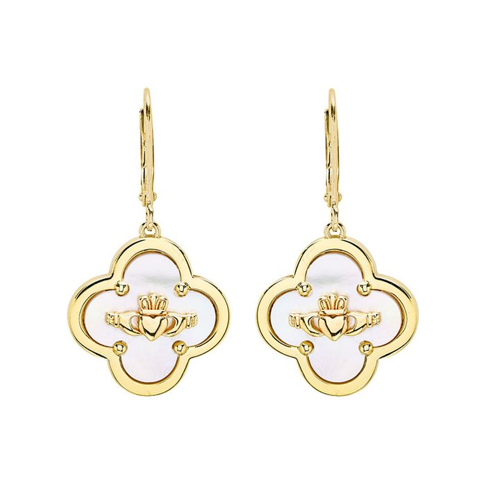 14kt-Gold Vermeil MOP Clover Claddagh Drop Earrings