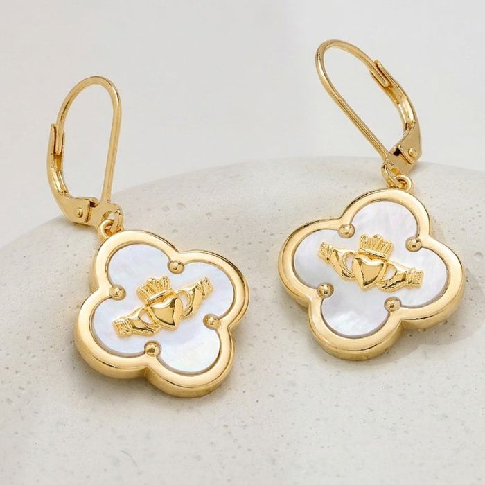14kt-Gold Vermeil MOP Clover Claddagh Drop Earrings