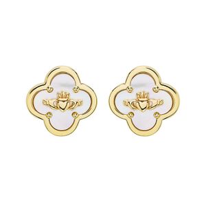 14kt Gold Vermeil MOP Clover Claddagh Stud Earrings