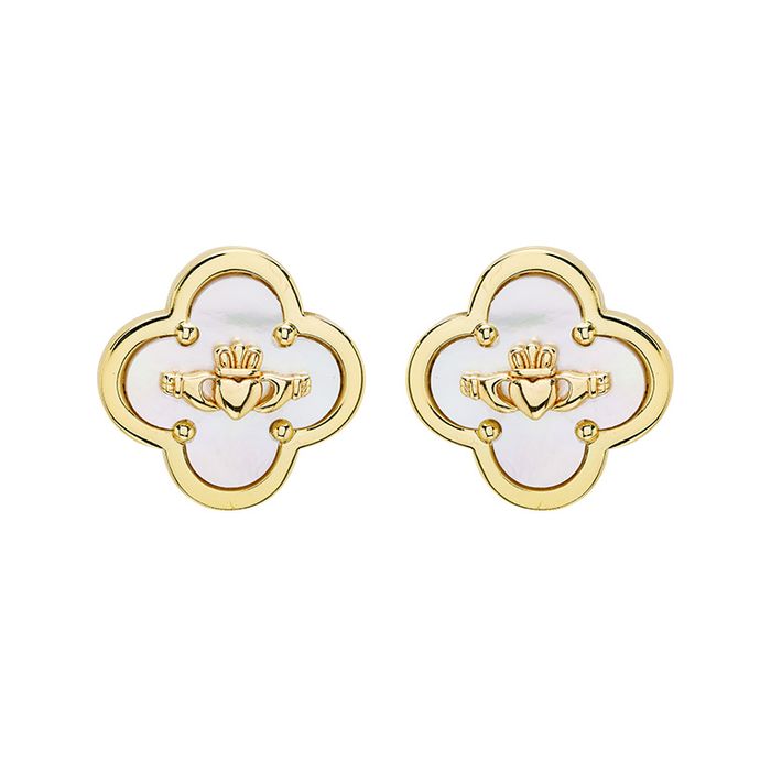 14kt Gold Vermeil MOP Clover Claddagh Stud Earrings
