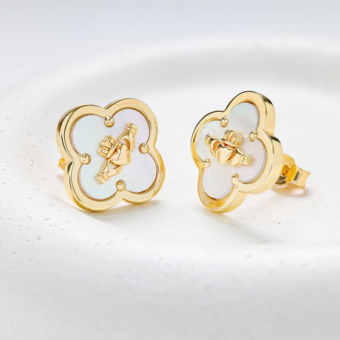 14kt Gold Vermeil MOP Clover Claddagh Stud Earrings