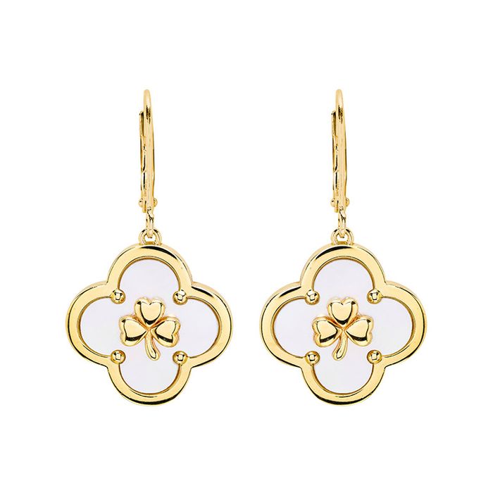 14kt Gold Vermeil Clover Shamrock MOP Drop Earrings