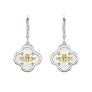 Sterling Silver Clover Claddagh MOP Drop Earrings