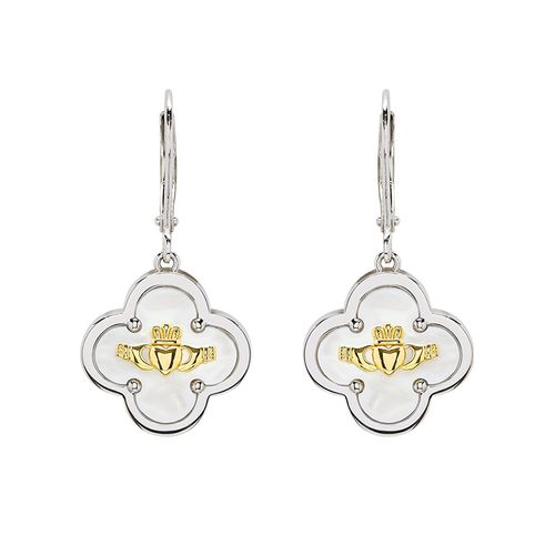 Sterling Silver Clover Claddagh MOP Drop Earrings