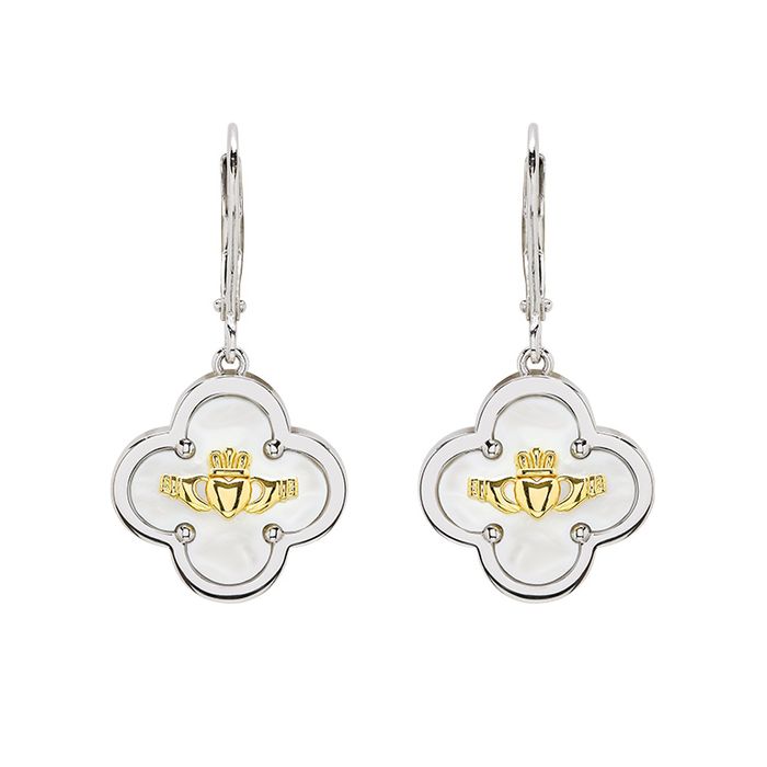 Sterling Silver Clover Claddagh MOP Drop Earrings