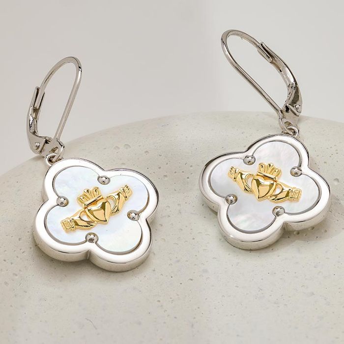 Sterling Silver Clover Claddagh MOP Drop Earrings