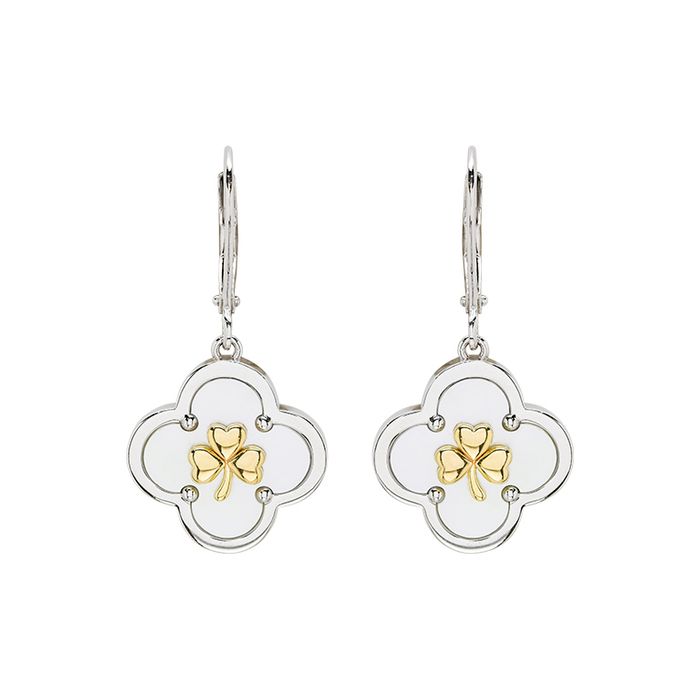 Sterling Silver Clover Shamrock MOP Drop Earrings
