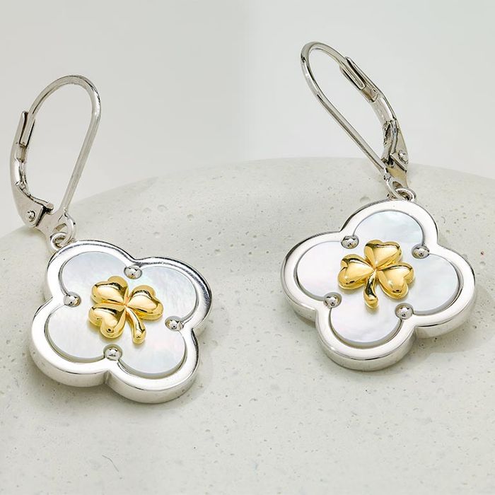 Sterling Silver Clover Shamrock MOP Drop Earrings