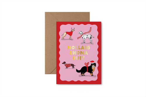 Illustrated Irish language dogs Christmas card