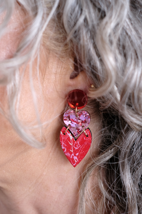 Stacked Heart Drop Earrings in Reds and Pinks