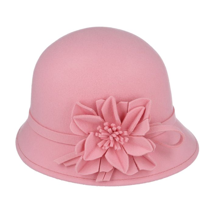 Maz Ladies Chic Vintage Wool Cloche Hat With Flower Bow & Strap Belt Around